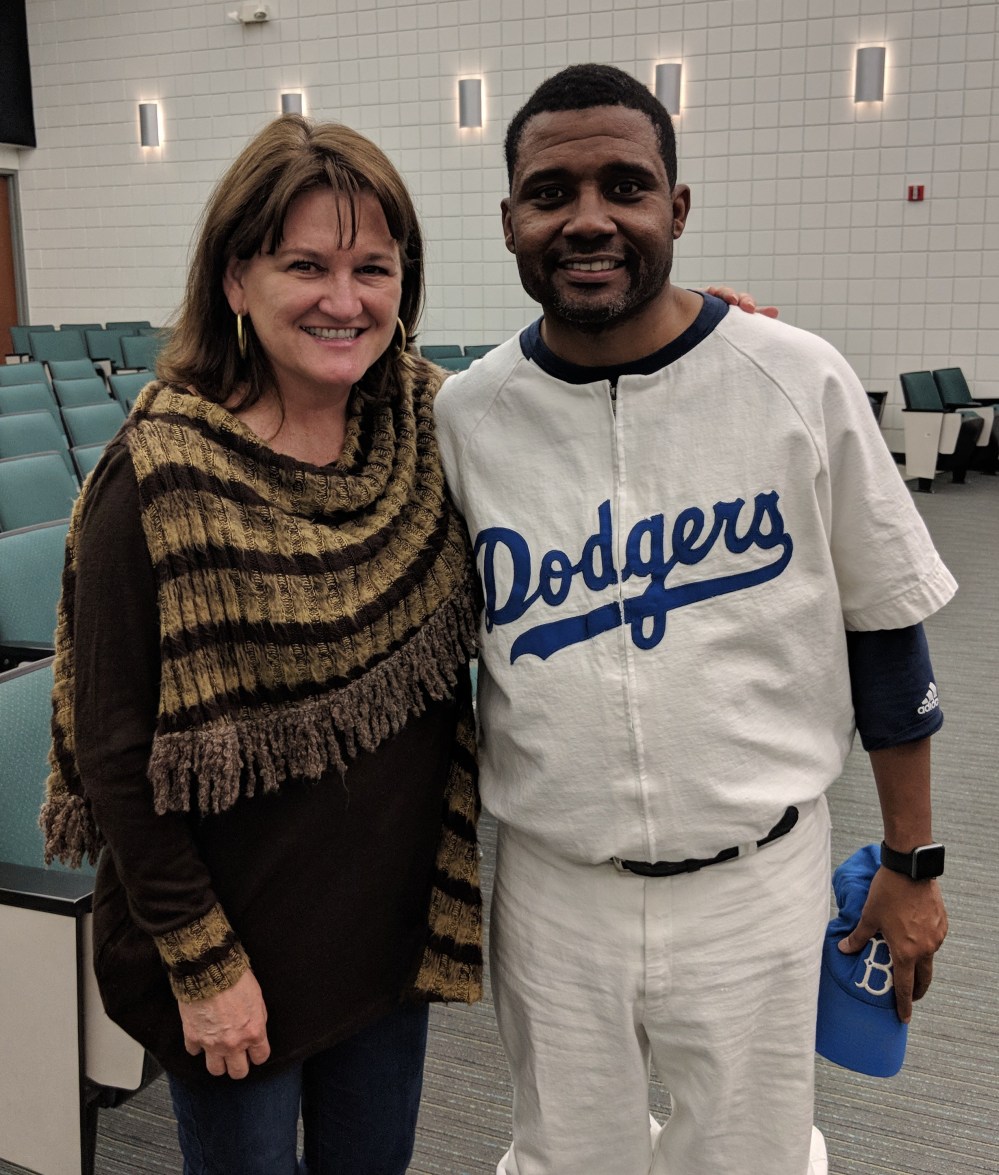 Mike Wiley dressed as Jackie Robinson and Lisa Turlington, Foundation Executive Director